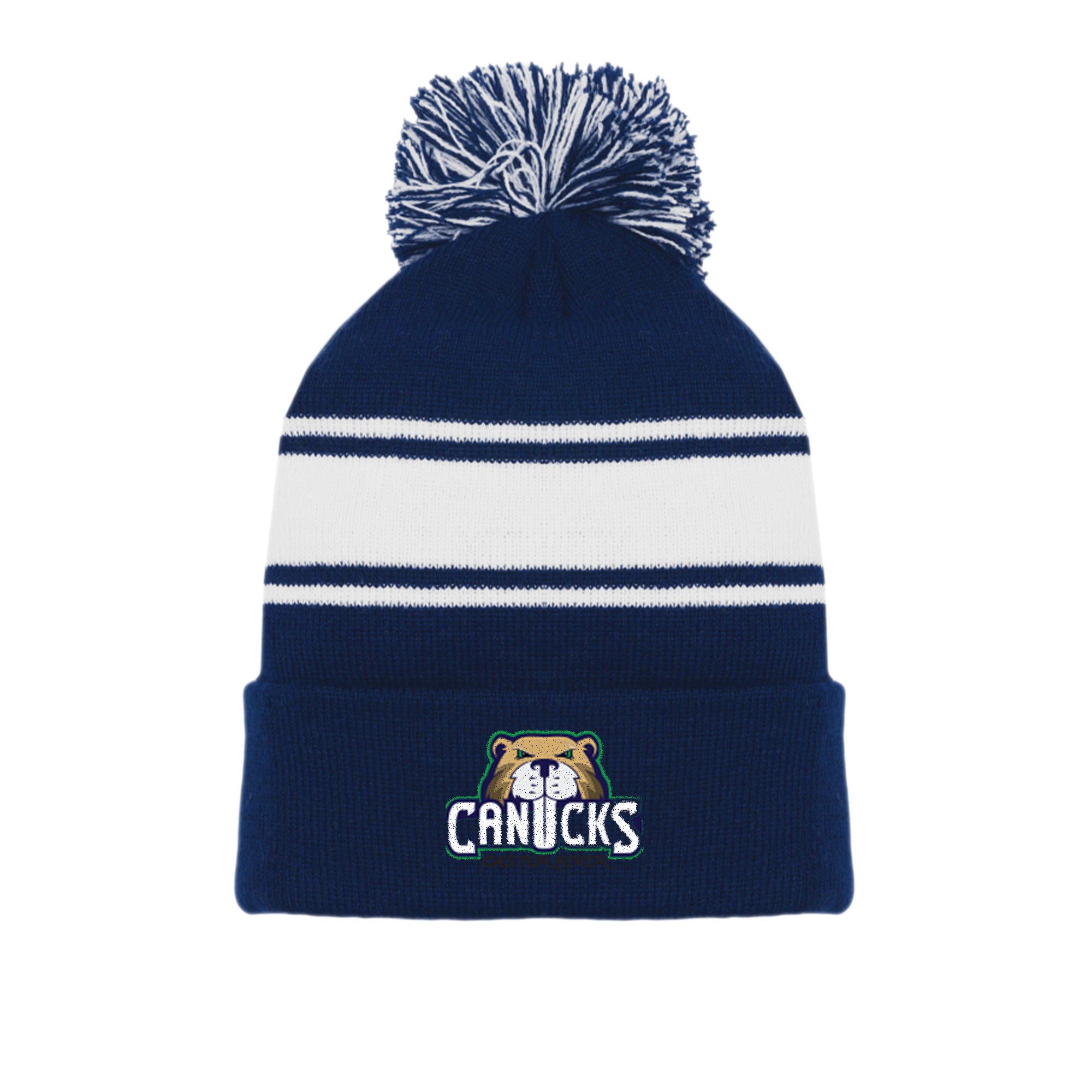 Navy blue and white beanie with pom-pom and Canucks logo on a white background