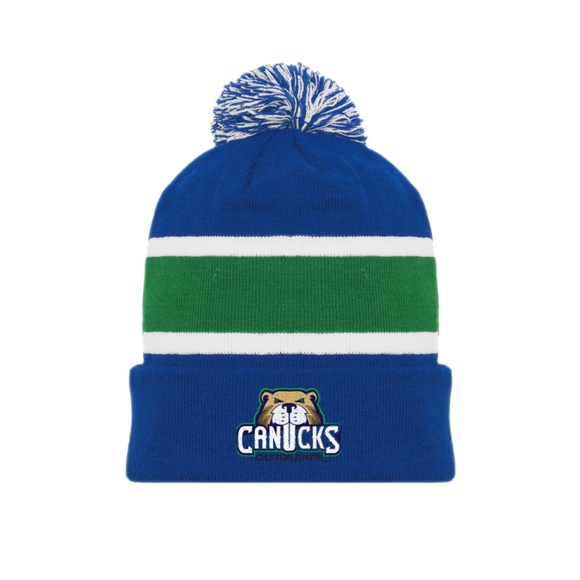 A blue and green striped toque with a white pom-pom on top, featuring an embroidered logo of the CASTOR RIVER CANUCKS.