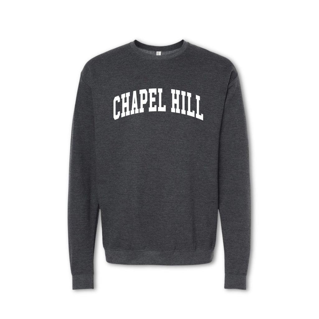 A gray crewneck sweatshirt with 'CHAPEL HILL' printed in white on the front.