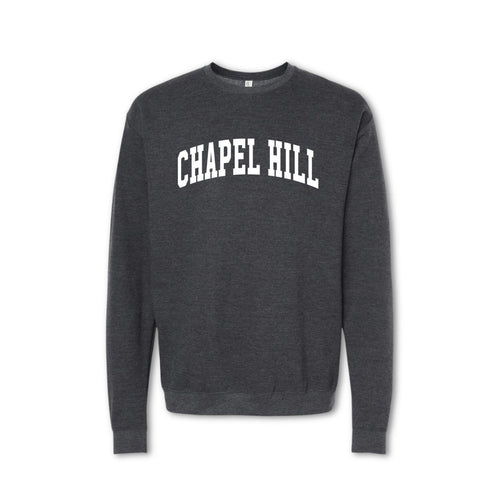 A gray crewneck sweatshirt with 'CHAPEL HILL' printed in white on the front.