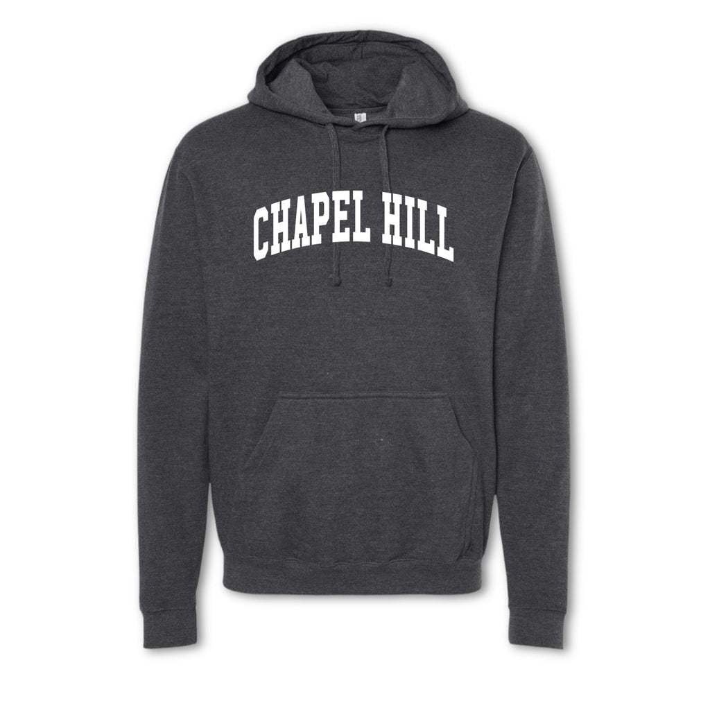 A gray crewneck sweatshirt with 'CHAPEL HILL' printed in white on the front.