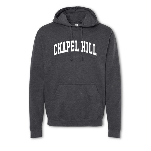 A gray crewneck sweatshirt with 'CHAPEL HILL' printed in white on the front.