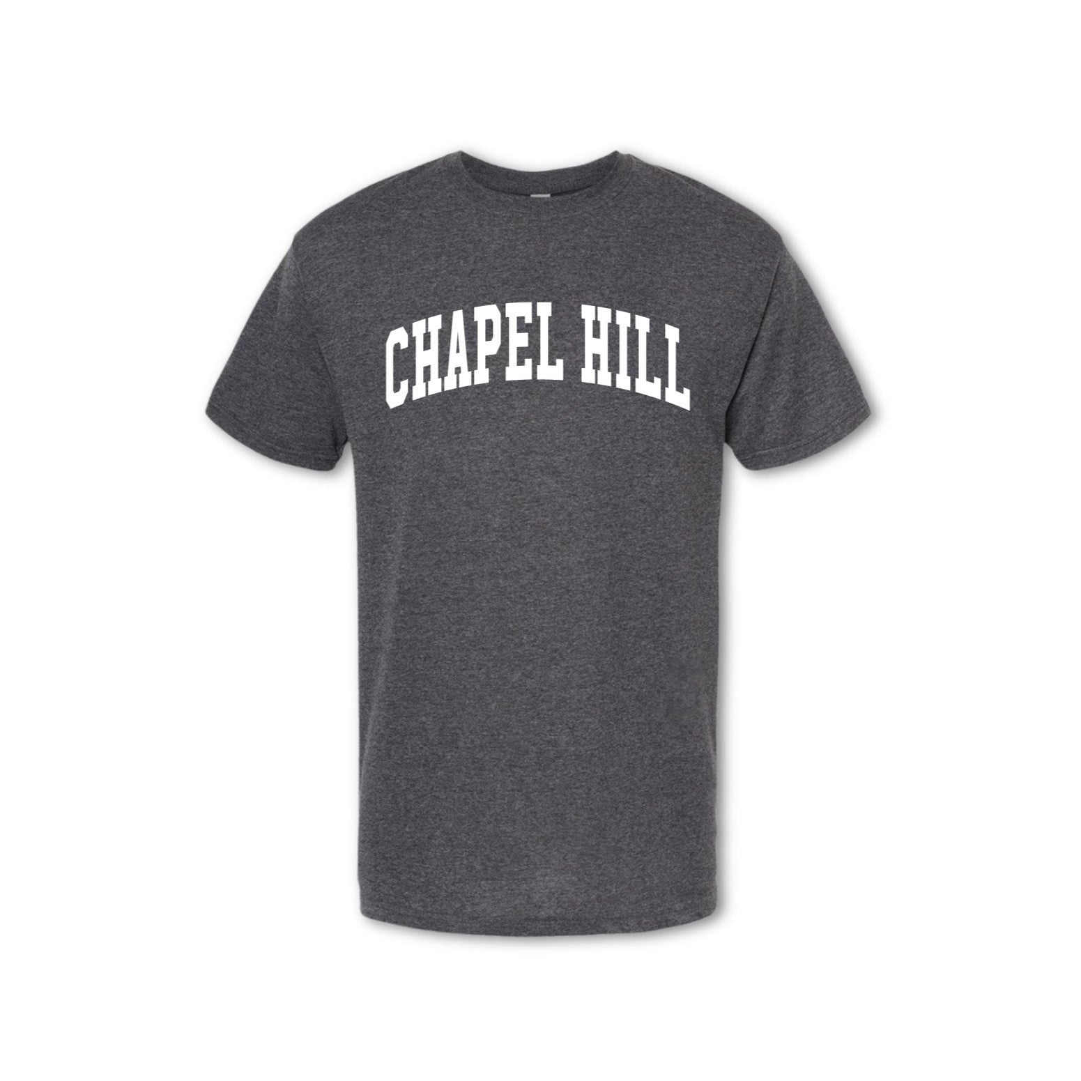 A gray t-shirt with 'CHAPEL HILL' text arched across the chest in white.