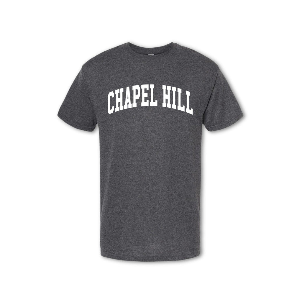 A gray t-shirt with 'CHAPEL HILL' text arched across the chest in white.