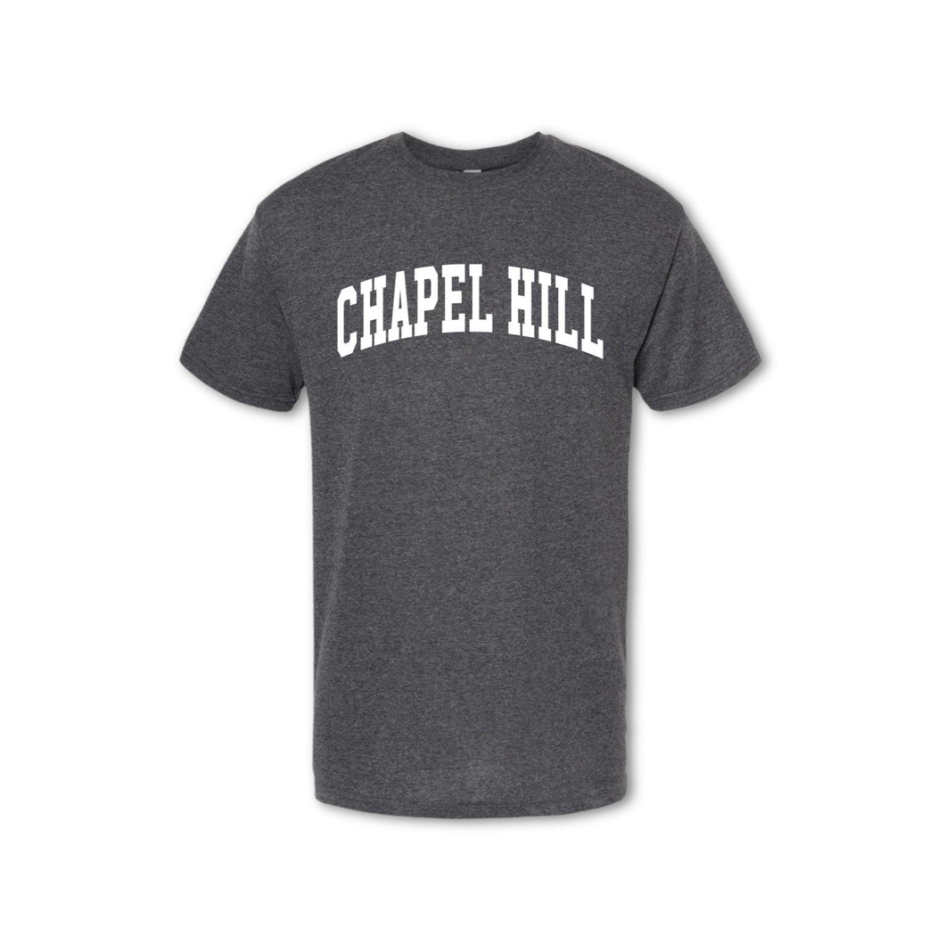 A gray t-shirt with 'CHAPEL HILL' text arched across the chest in white.