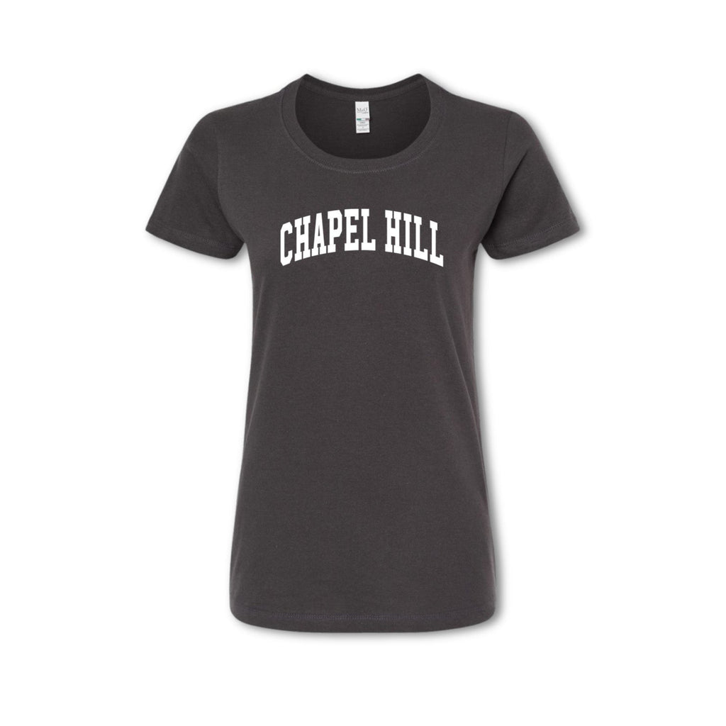 A grey women's t-shirt with 'CHAPEL HILL' text arched across the chest in white.