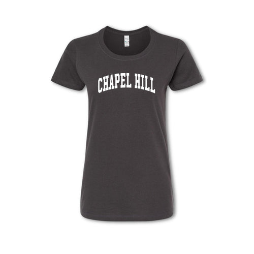 A grey women's t-shirt with 'CHAPEL HILL' text arched across the chest in white.