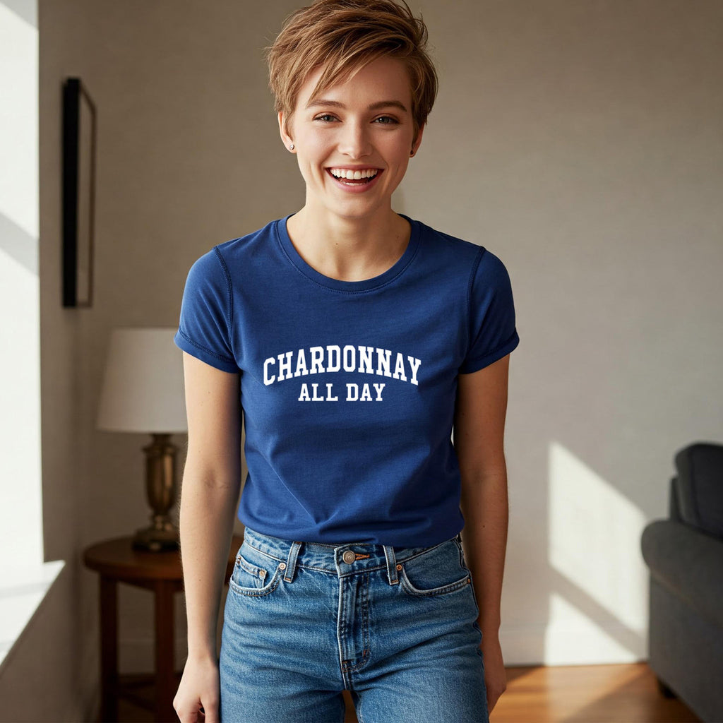 CHARDONNAY ALL DAY Collegiate T-Shirt - Wine Lover Tee (Women's & Men's) - navy