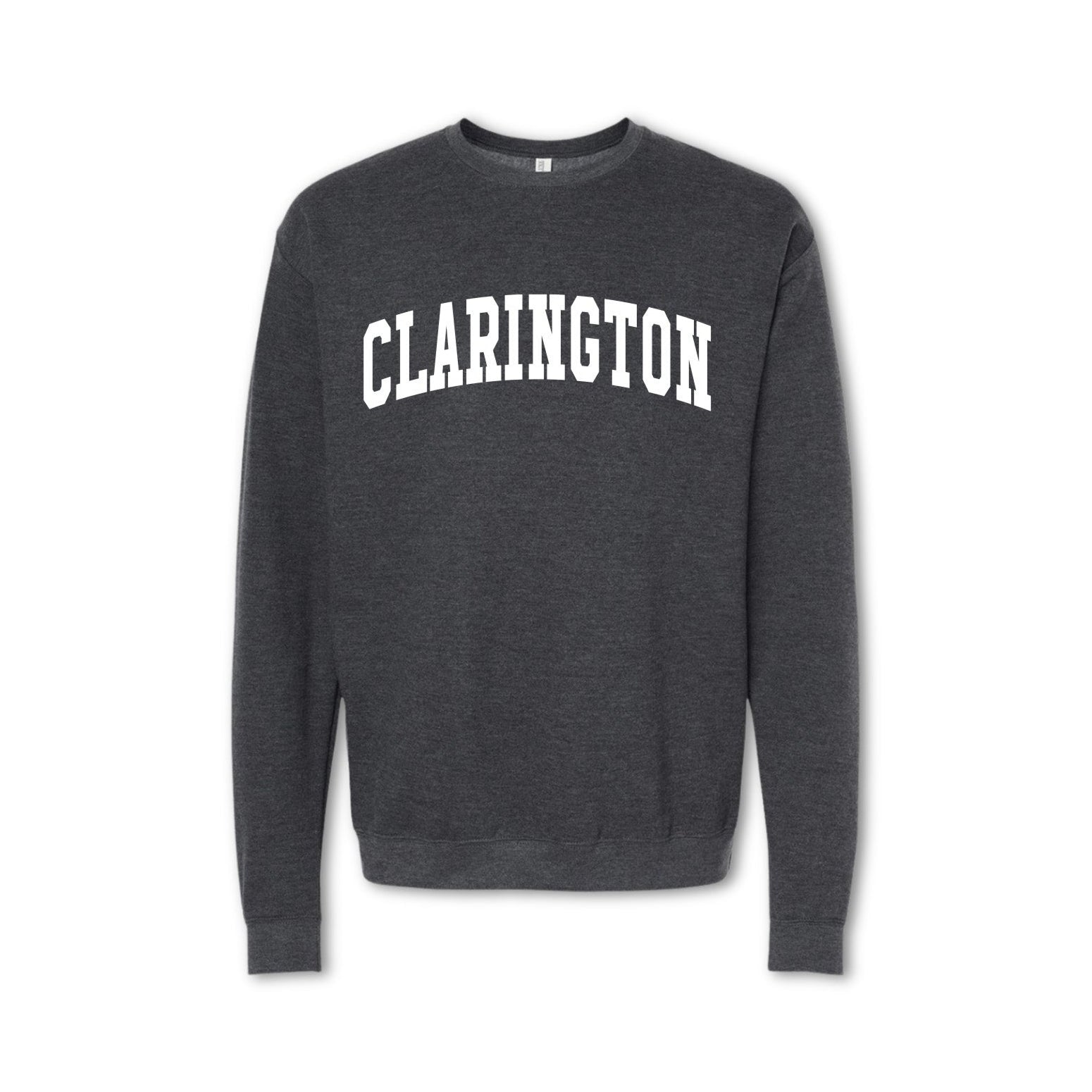 A gray crewneck sweatshirt with the text 'CLARINGTON' printed in bold letters across the front.