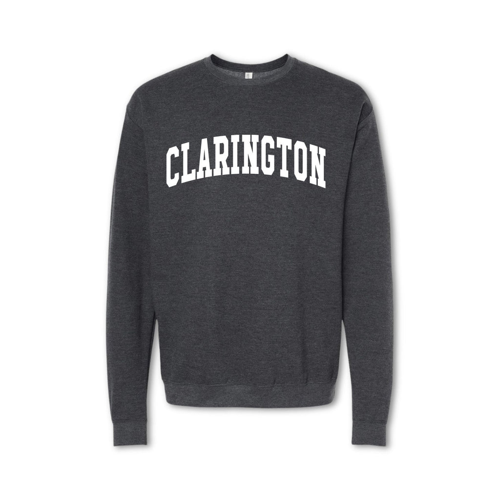 A gray crewneck sweatshirt with the text 'CLARINGTON' printed in bold letters across the front.