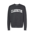A gray crewneck sweatshirt with the text 'CLARINGTON' printed in bold letters across the front.