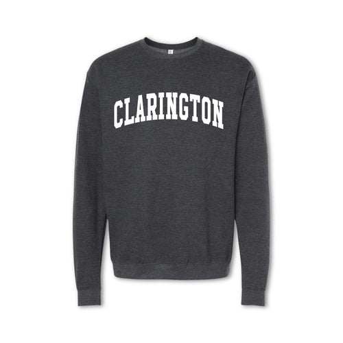 A gray crewneck sweatshirt with the text 'CLARINGTON' printed in bold letters across the front.