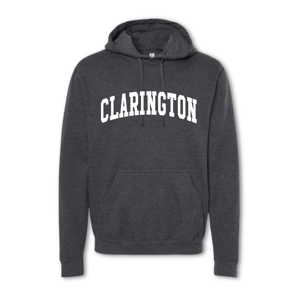 A gray crewneck sweatshirt with the text 'CLARINGTON' printed in bold letters across the front.