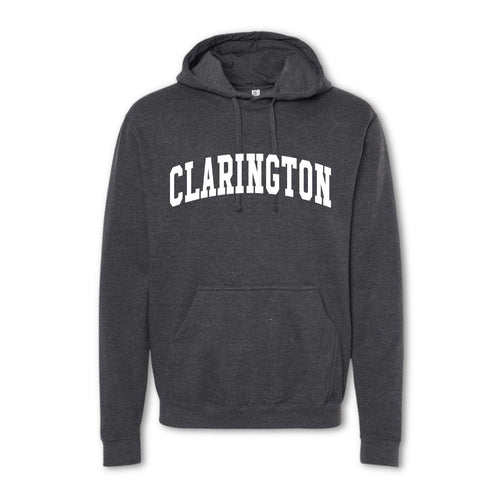 A gray crewneck sweatshirt with the text 'CLARINGTON' printed in bold letters across the front.