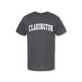 A gray t-shirt with the word 'CLARINGTON' printed in white on the front.