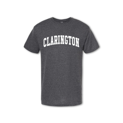 A gray t-shirt with the word 'CLARINGTON' printed in white on the front.