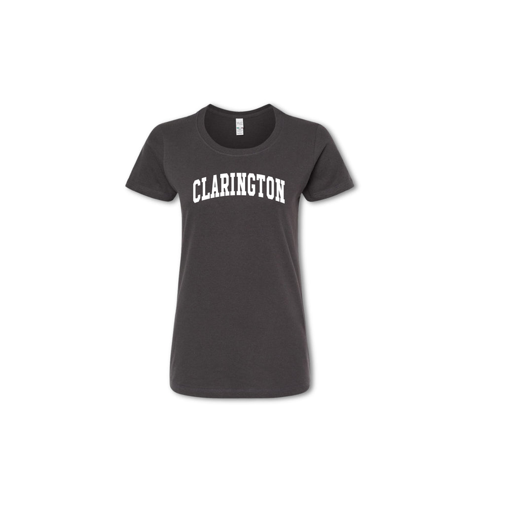 A gray t-shirt with the word 'CLARINGTON' printed in white on the front.