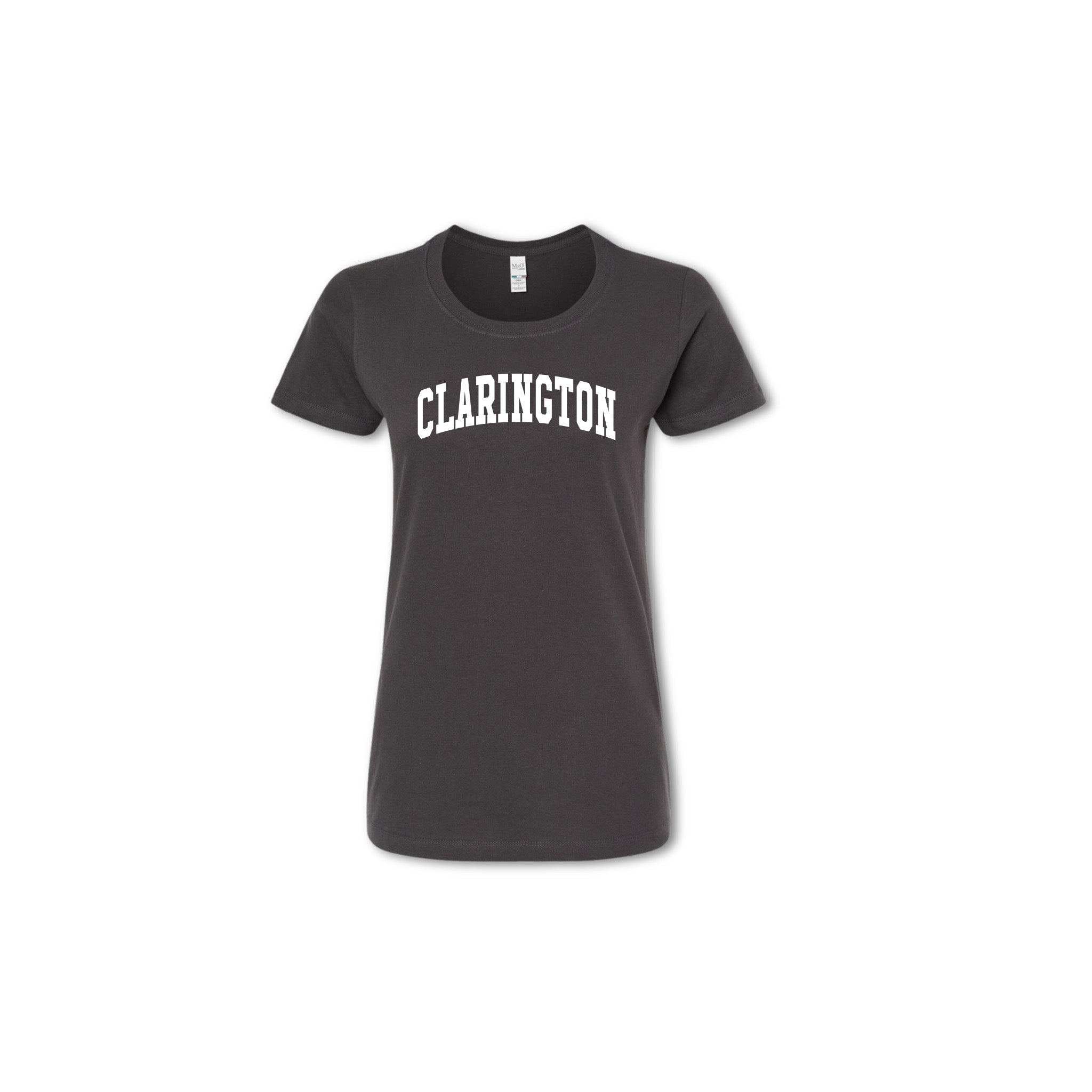 A gray t-shirt with the word 'CLARINGTON' printed in white on the front.