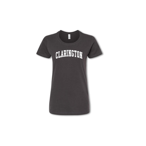 A gray t-shirt with the word 'CLARINGTON' printed in white on the front.
