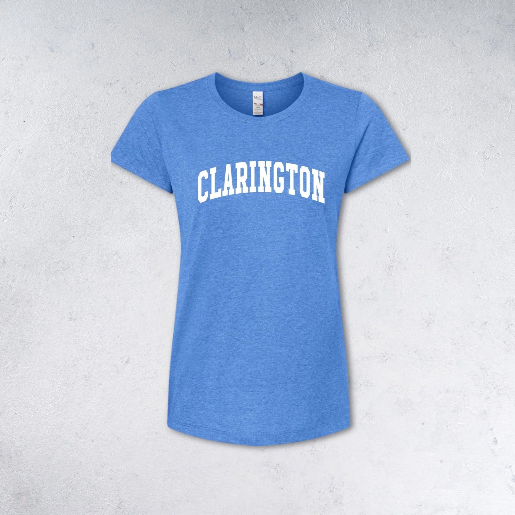 Ladies blue t-shirt with 'CLARINGTON' across chest in white