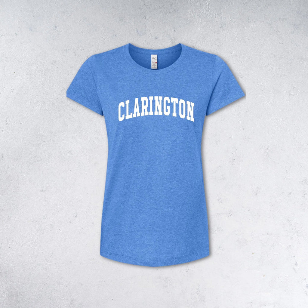 Ladies blue t-shirt with 'CLARINGTON' across chest in white