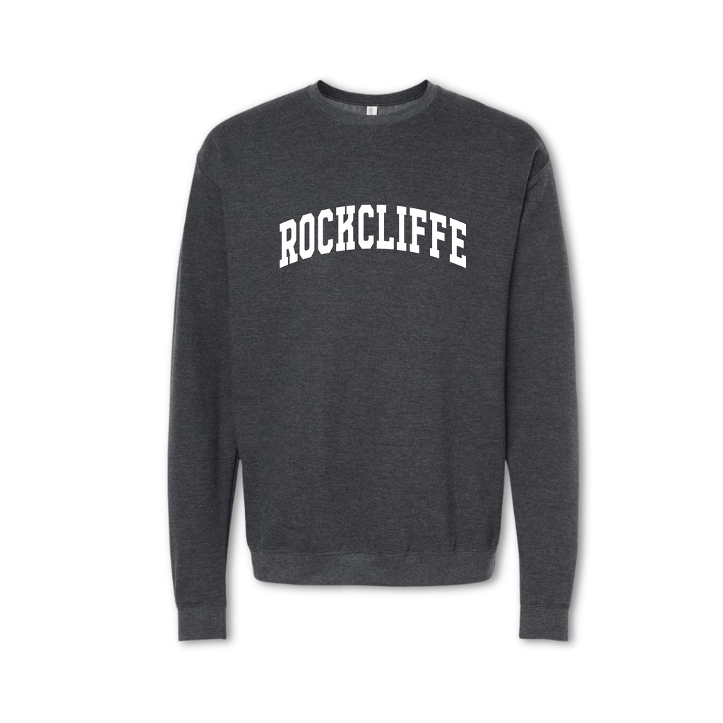 Gray sweatshirt with 'Rocckcliffe' text on a white background