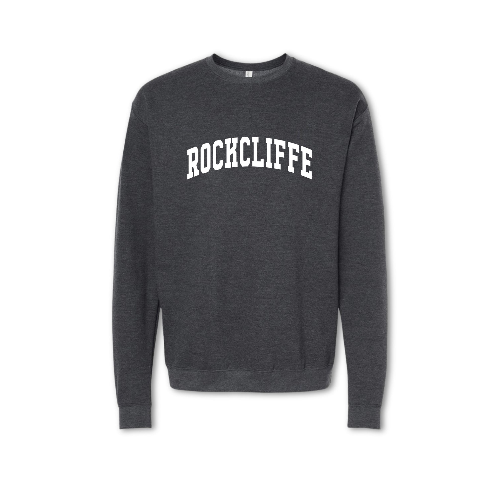 Gray sweatshirt with 'Rocckcliffe' text on a white background