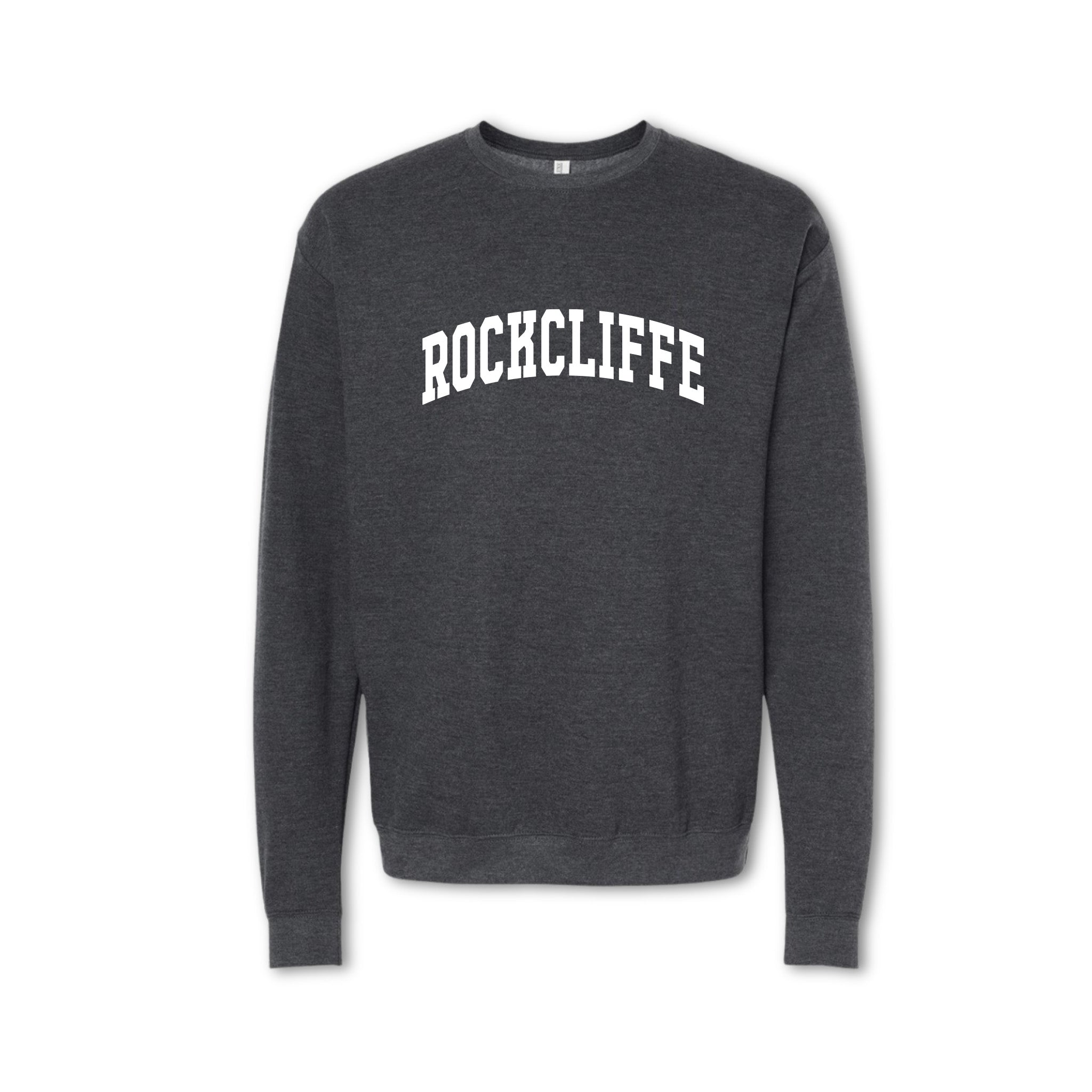 Gray sweatshirt with 'Rocckcliffe' text on a white background