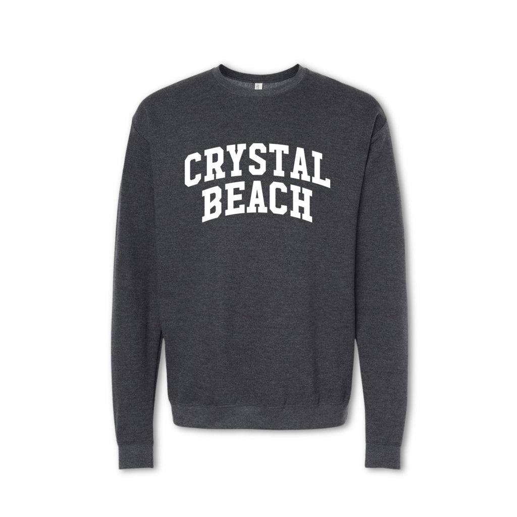A gray crewneck sweatshirt with 'CRYSTAL BEACH' printed in white on the front.