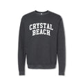 A gray crewneck sweatshirt with 'CRYSTAL BEACH' printed in white on the front.