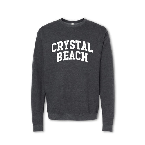 A gray crewneck sweatshirt with 'CRYSTAL BEACH' printed in white on the front.