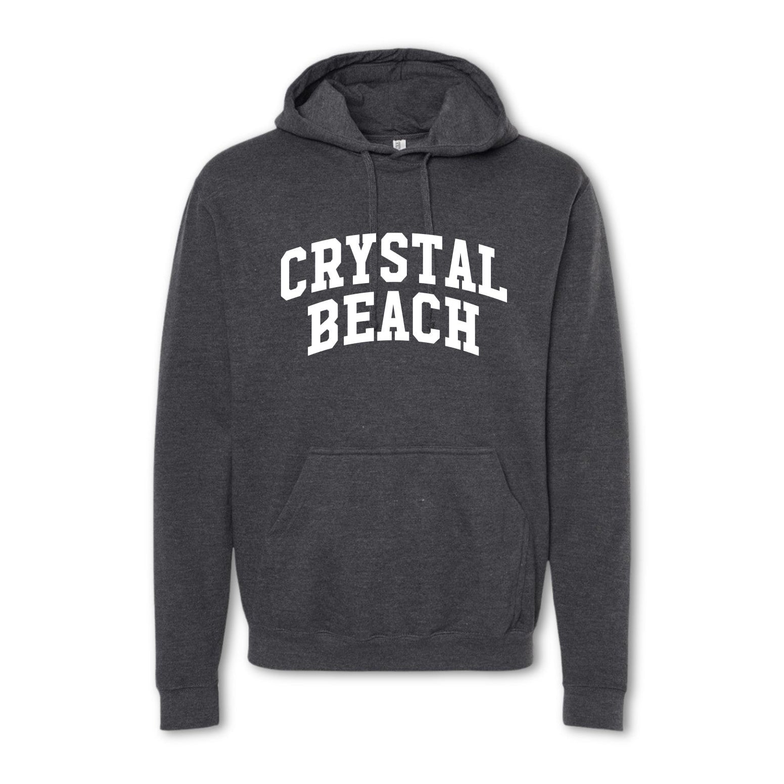 A gray hoodie sweatshirt with 'CRYSTAL BEACH' printed in white on the front.
