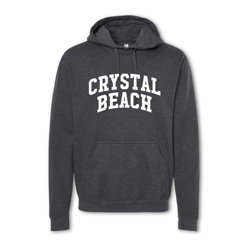 A gray hoodie sweatshirt with 'CRYSTAL BEACH' printed in white on the front.