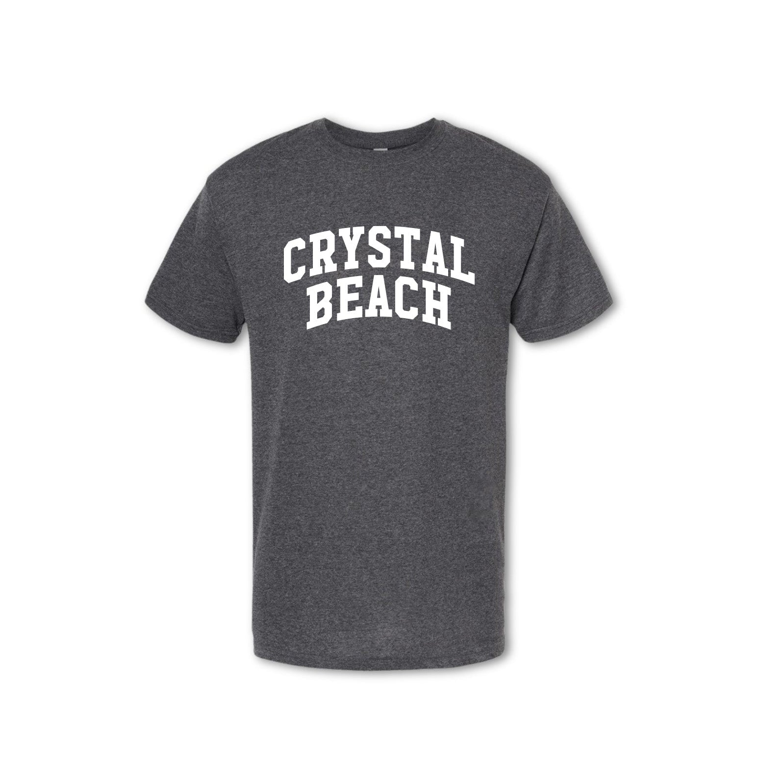 A gray t-shirt with 'CRYSTAL BEACH' text in capital letters placed centrally on the chest area.