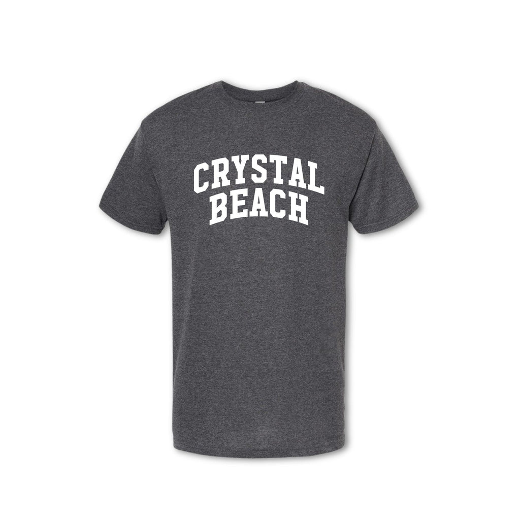 A gray t-shirt with 'CRYSTAL BEACH' text in capital letters placed centrally on the chest area.