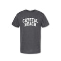 A gray t-shirt with 'CRYSTAL BEACH' text in capital letters placed centrally on the chest area.