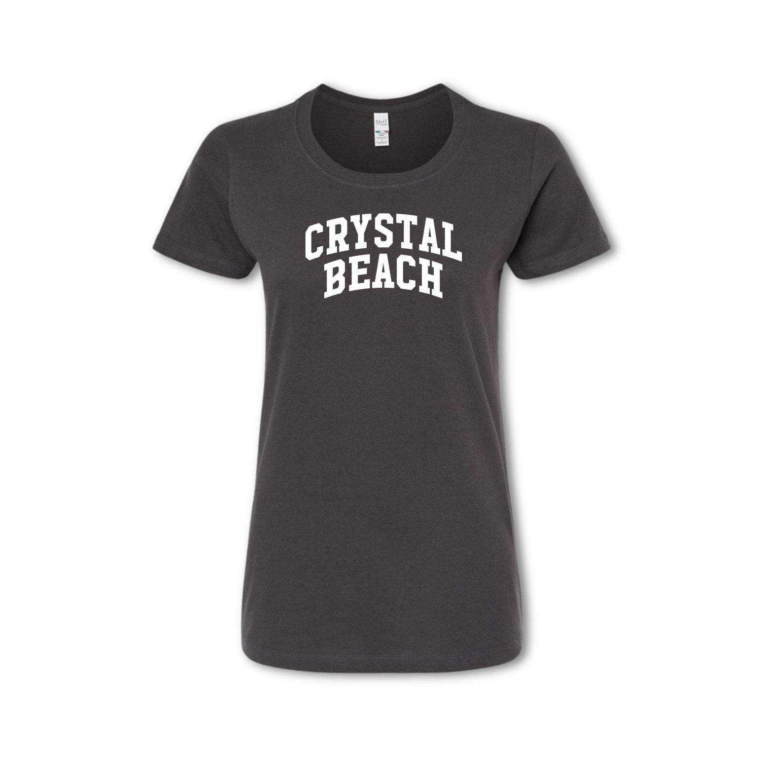 A gray t-shirt with 'CRYSTAL BEACH' text in capital letters placed centrally on the chest area.