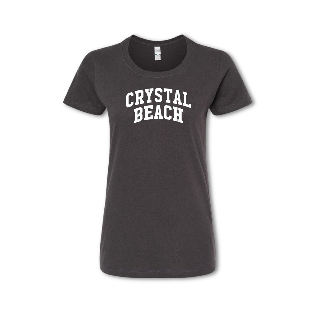 A gray t-shirt with 'CRYSTAL BEACH' text in capital letters placed centrally on the chest area.