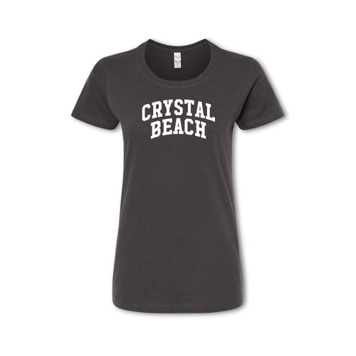 A gray t-shirt with 'CRYSTAL BEACH' text in capital letters placed centrally on the chest area.