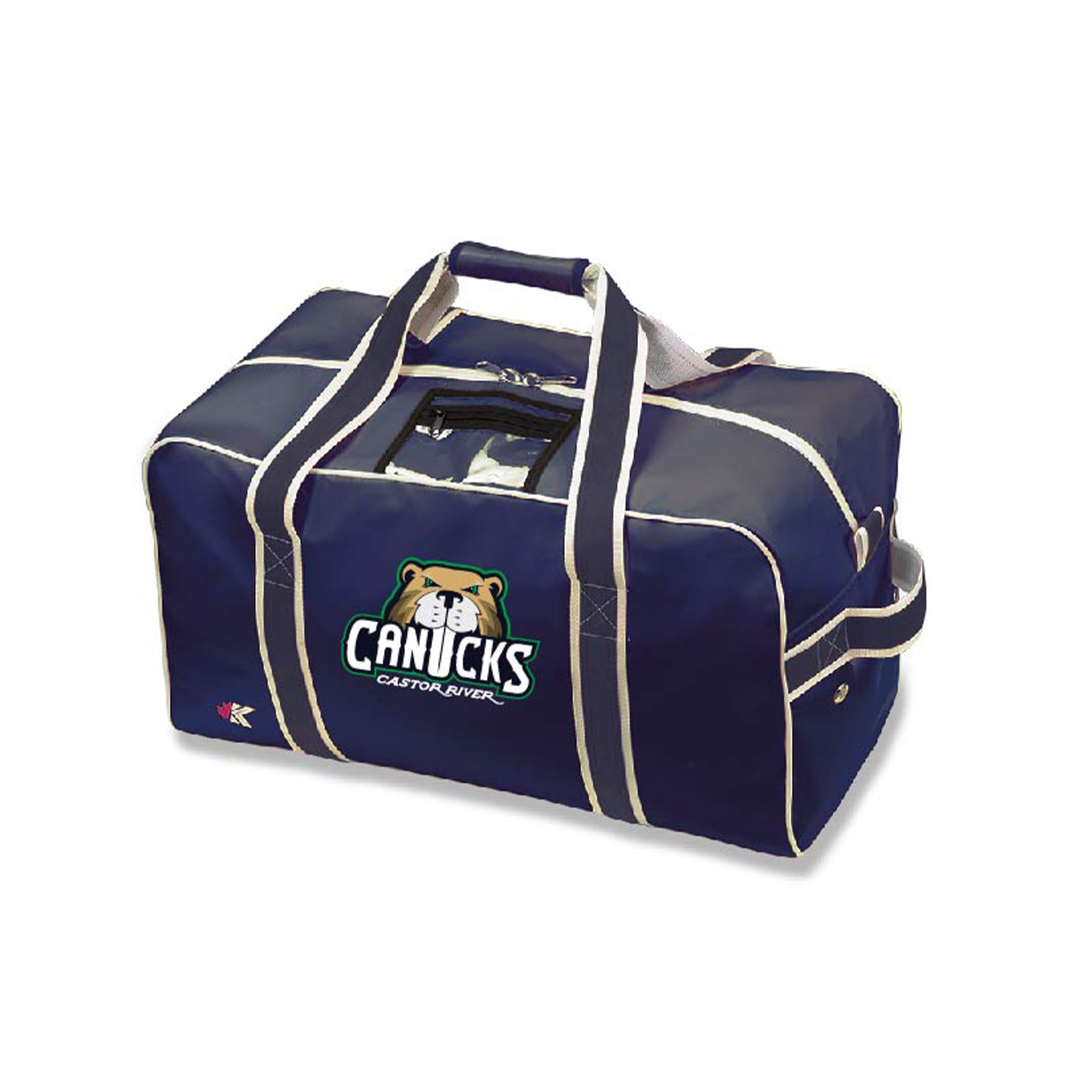Navy hockey bag with 'Canucks' logo on a white background