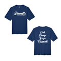 Navy blue t-shirt with white text on front and back on a white background