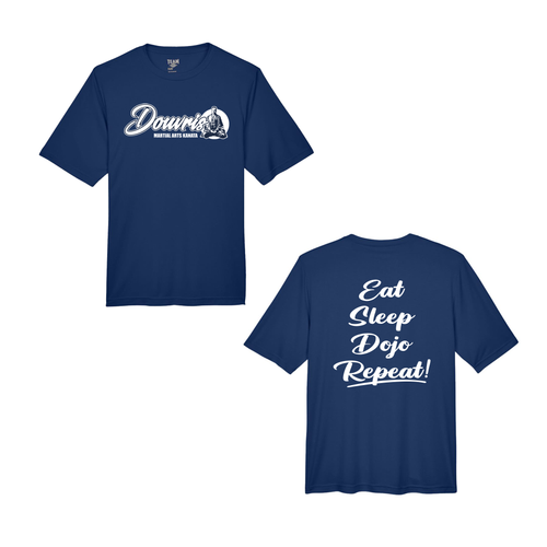 Navy blue t-shirt with white text on front and back on a white background