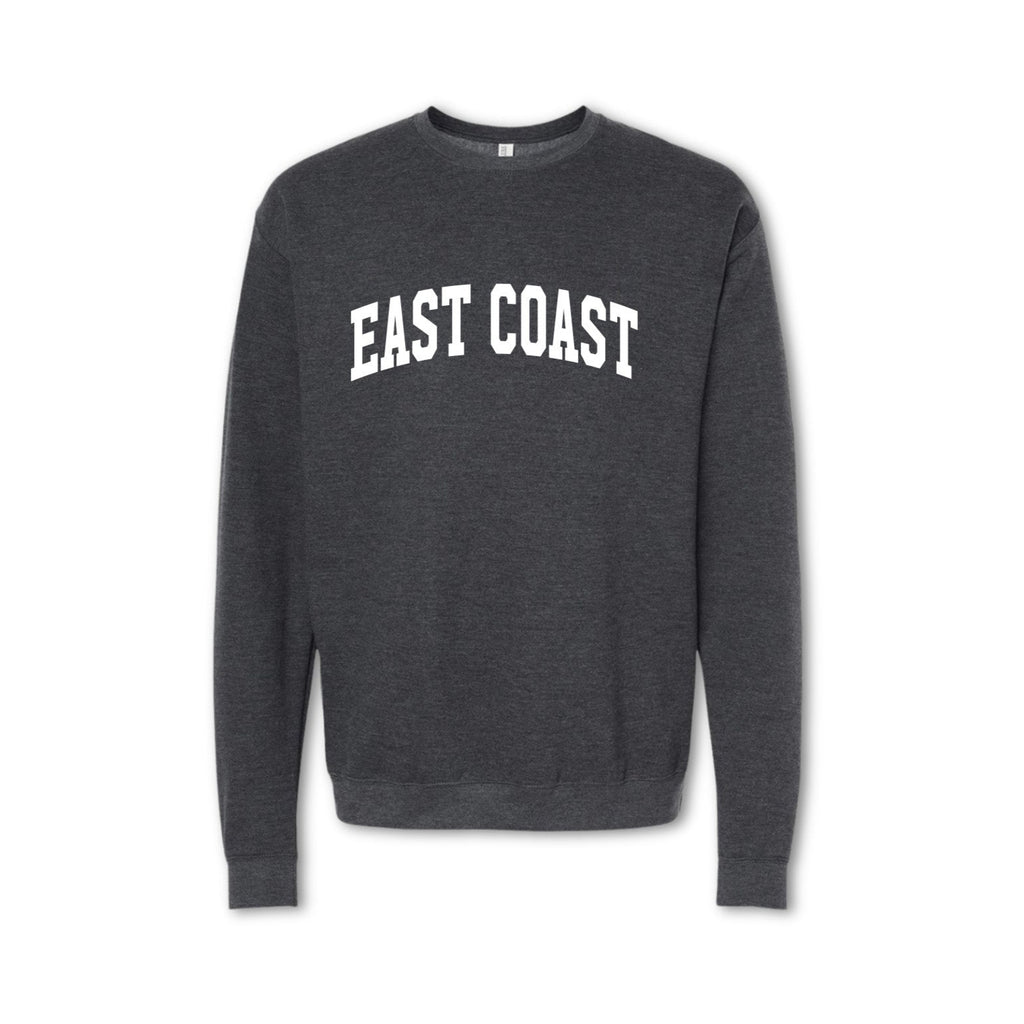 A gray crewneck sweatshirt with 'EAST COAST' printed in bold letters across the front.
