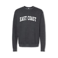 A gray crewneck sweatshirt with 'EAST COAST' printed in bold letters across the front.