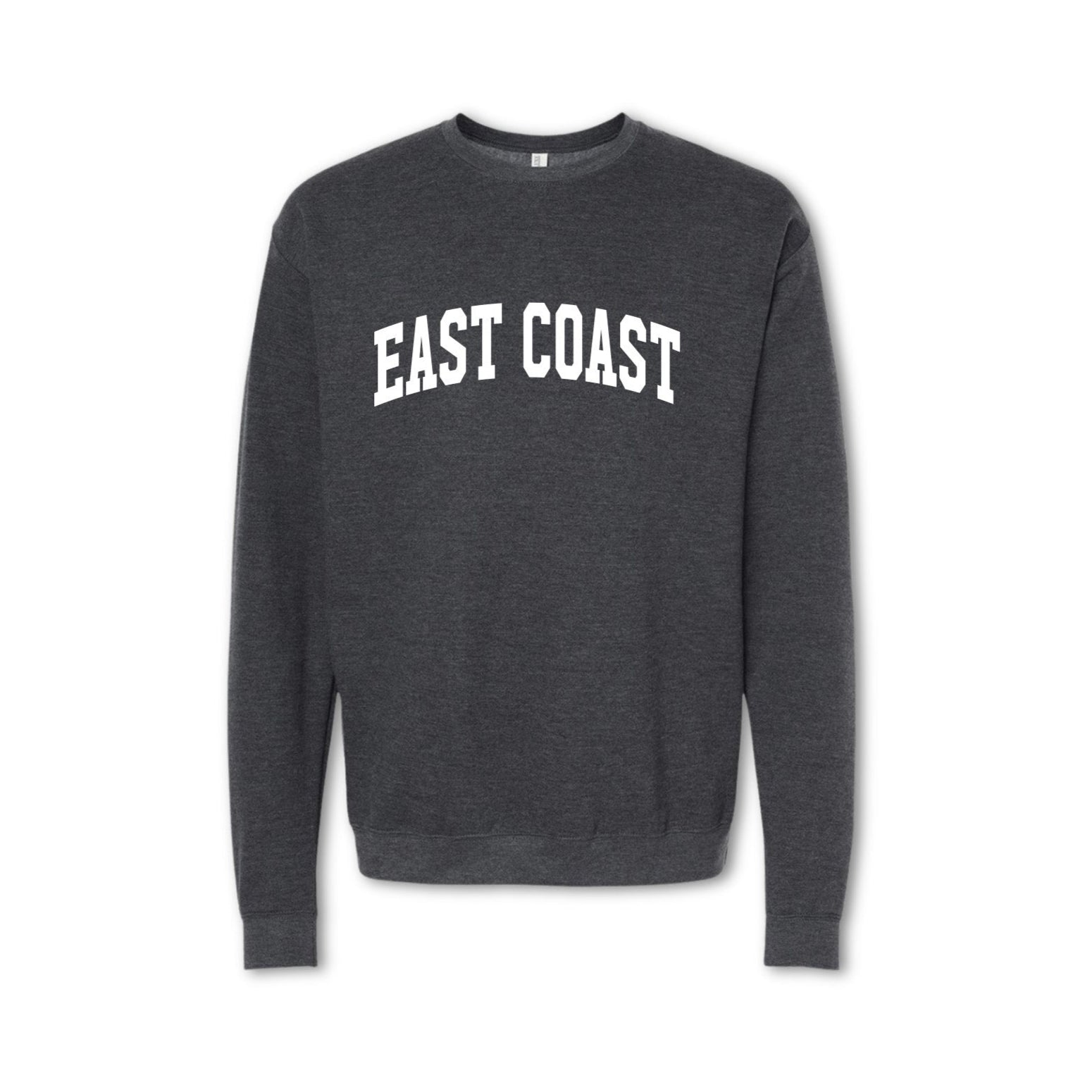 A gray crewneck sweatshirt with 'EAST COAST' printed in bold letters across the front.