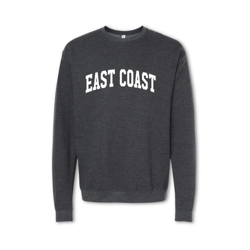 A gray crewneck sweatshirt with 'EAST COAST' printed in bold letters across the front.