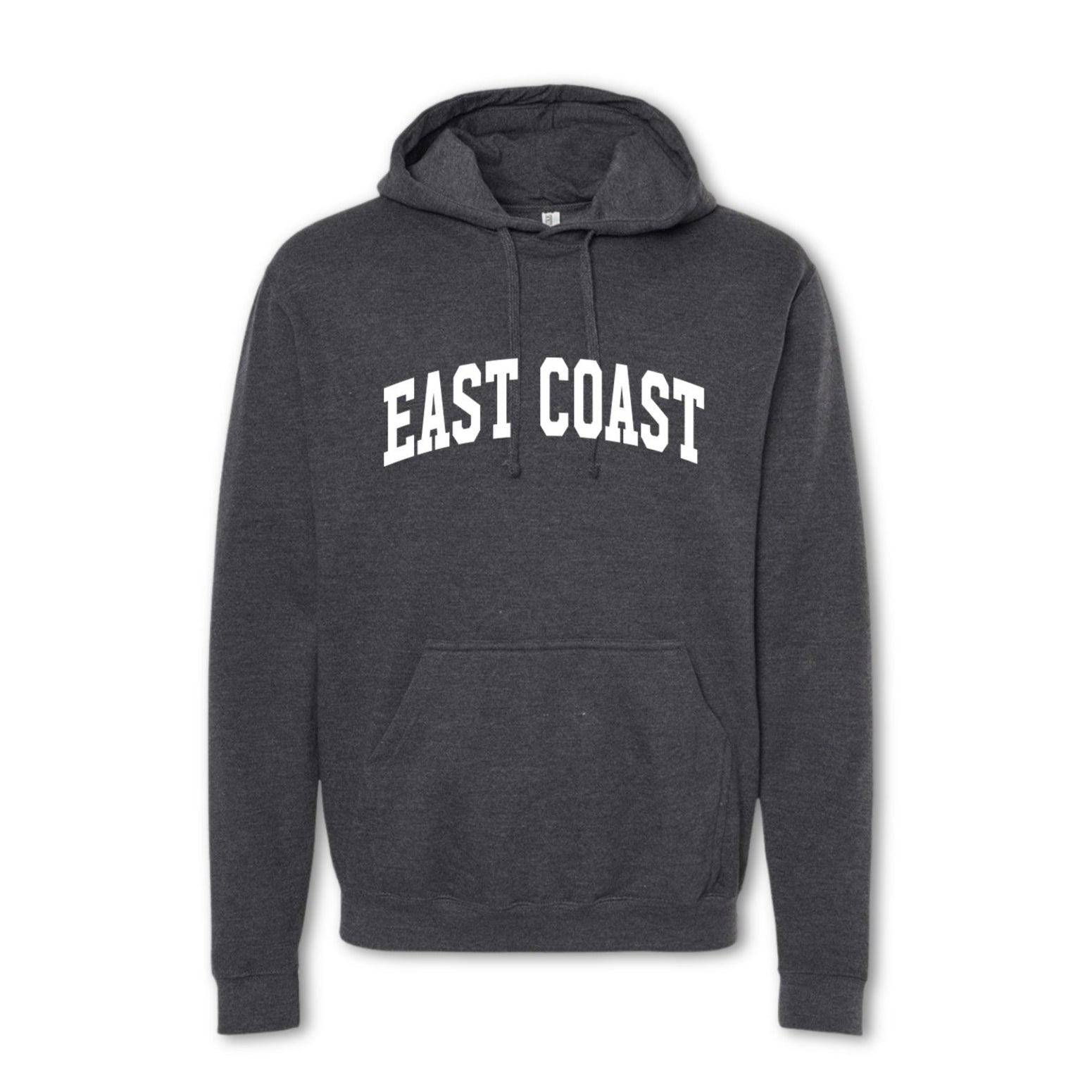 A gray crewneck sweatshirt with 'EAST COAST' printed in bold letters across the front.