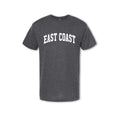 A grey t-shirt with the text 'EAST COAST' printed in white on the front.