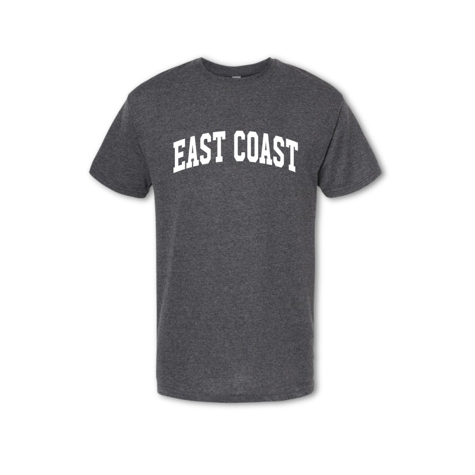 A grey t-shirt with the text 'EAST COAST' printed in white on the front.