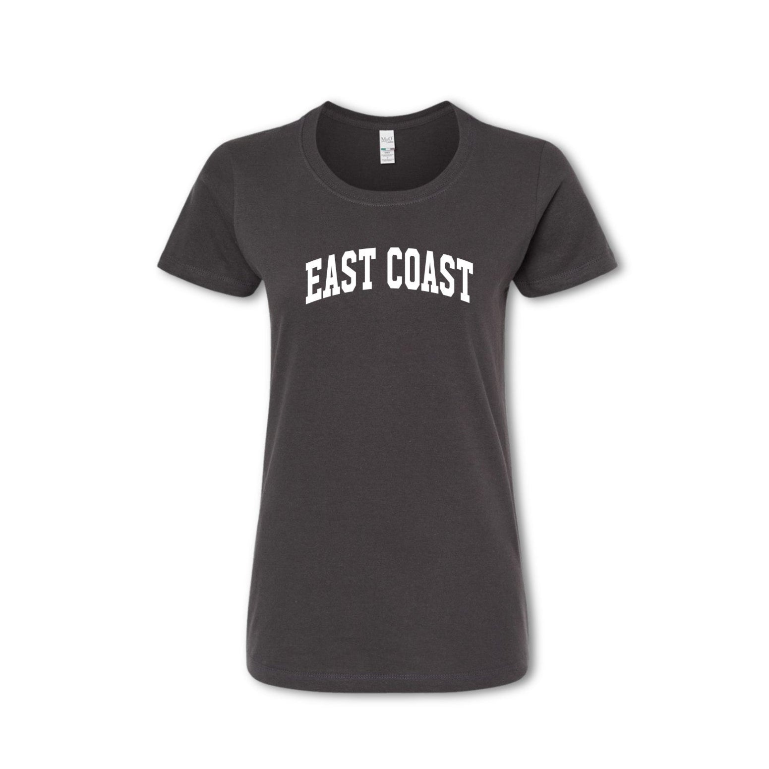 A grey t-shirt with the text 'EAST COAST' printed in white on the front.
